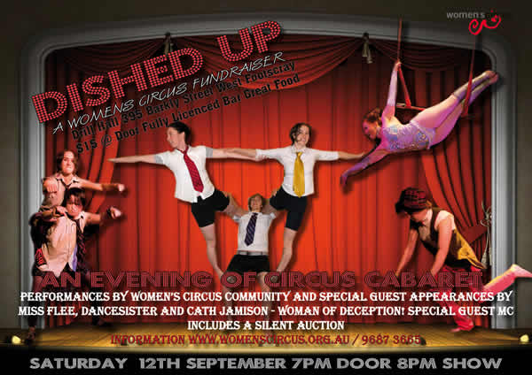 Dished Up promotional poster, with a group of people performing different circus tricks on stage.