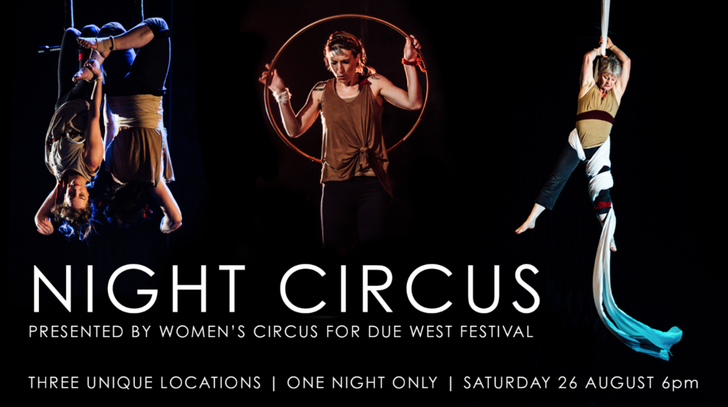 Night Circus promotional poster, with a group of people performing different circus tricks.