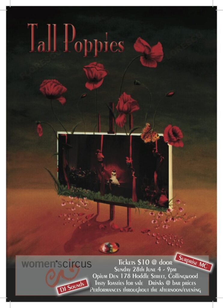 Tall Poppies promotional poster, with an image of poppies stemming from a sign.