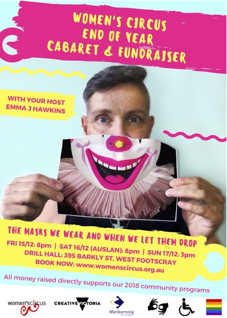 End of Year Cabaret & Fundraiser promotional poster, with a person holding up an image of a clown smiling.