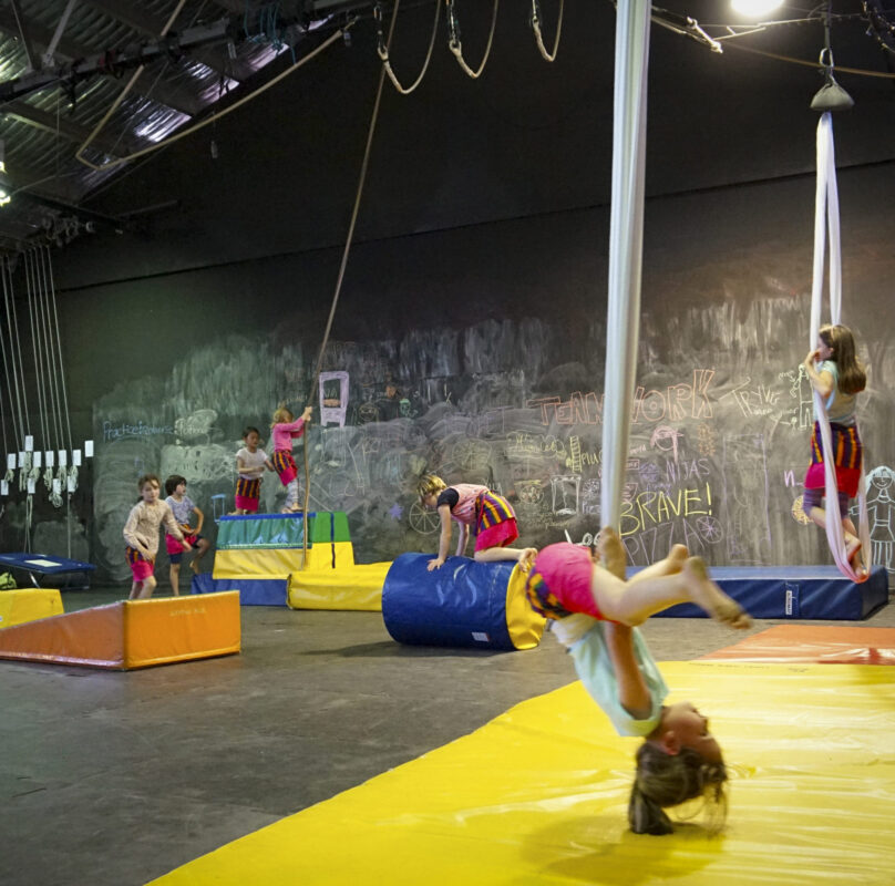 kids in a circus class doing various activities