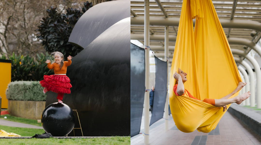 Emma J Hawkins globe walking and Vivienne Halat in aerial sling for Momentum. Credit Kate Disher-Quill